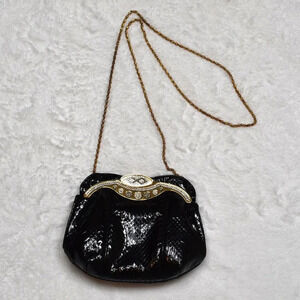 Vintage Snakeskin Shoulder Bag Clutch Crystals Party Cocktail Party 80s Black